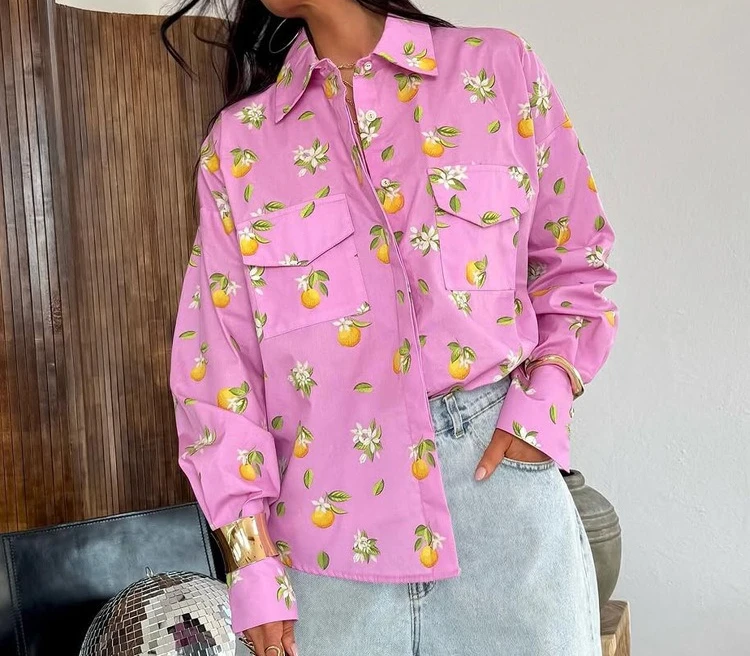 

Digital Printed Casual and Fashionable Women's Shirt 2025 Spring and Autumn New Lapel Long-sleeved Versatile Cardigan Top