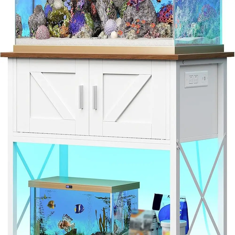 

20 Gallon Fish Tank Stand with Power Outlets and LED Light, Metal Frame Aquarium Stand, Reptile, Turtle Tank Stand with Cabinet