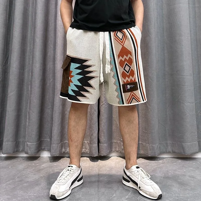 Male Summer Knitted Trendy Geometric Shorts Men Knee Length Big Pocket Plus Size XXXL Shorts Daily Leisure Ins Chic Streetwear