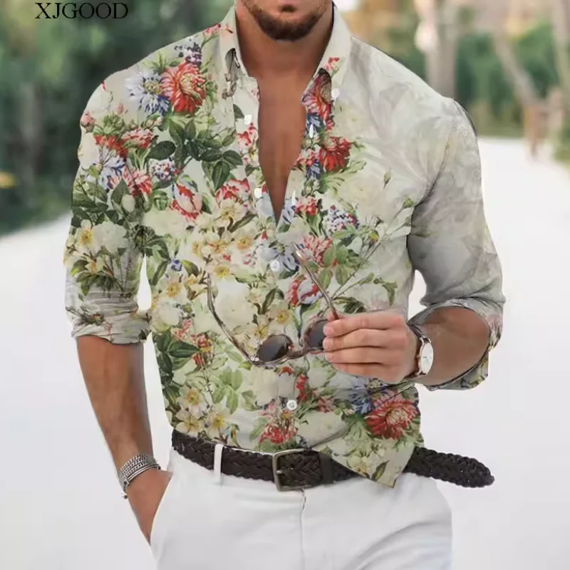 

Men's Long Sleeved Floral Lapel Shirt