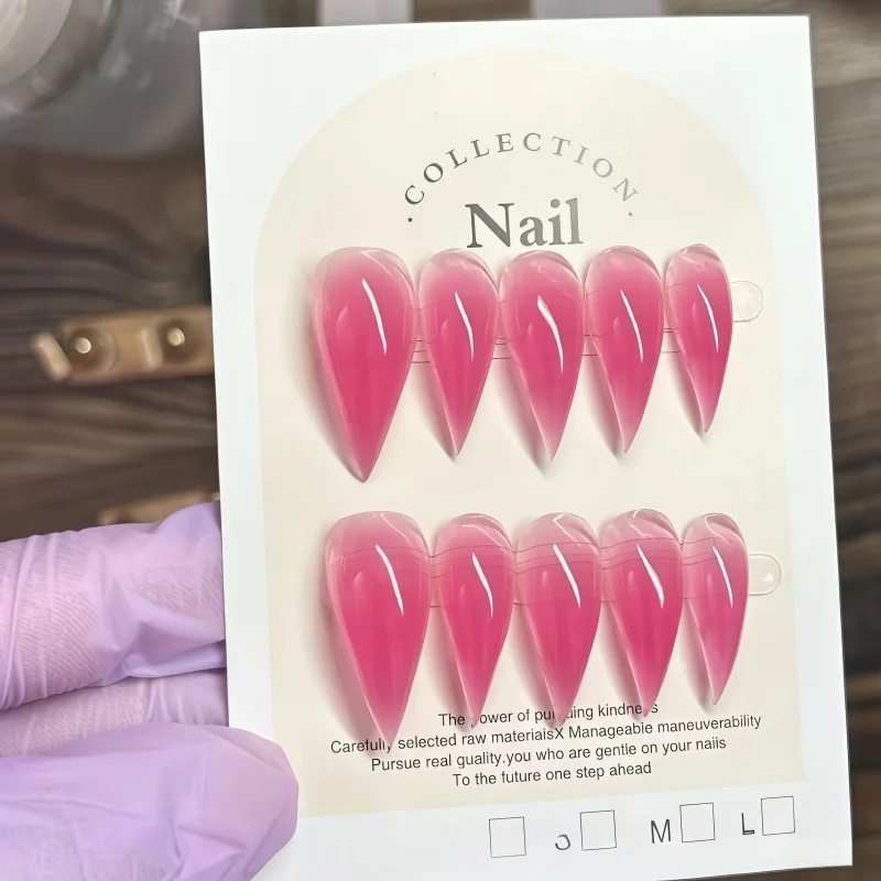 10 uñas postizas minimalistas dulces con degradado jelly en polvo, forma de cuchillo, transparentes nude con brillantina 2