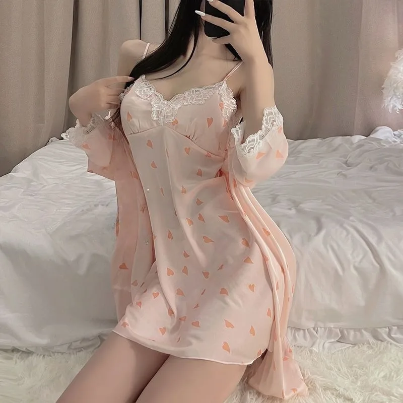 Sexy Lace Nightgown Spring Halter Pajama Ladies Ice Silk Nightdress with Breast Pad Printed Pyjamas V Neck Lacework Sleepwear