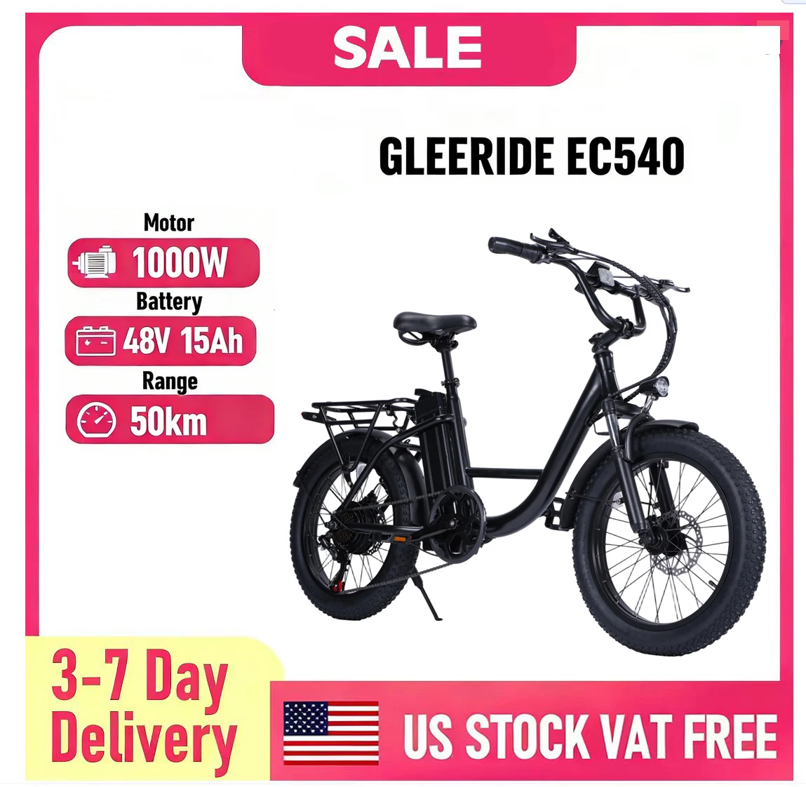 

Электровелосипед GLEERIDE EC540 20 дюймов, городской, с двигателем 1000 Вт, аккумулятор 48В 15Ач