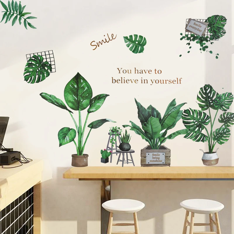 Removable Tropical Leaves Flowers Wall Stickers Home Living Room Decorative Green Leaves Plants DIY Sticker Wallpaper Supplies