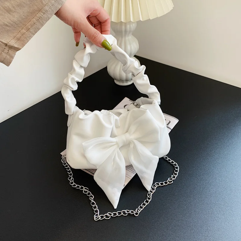 여성용 인기 작은 가죽 핸드백, 여성용 빈티지 단색 화이트 소녀 캔디 플리츠 핸드백, 달콤한 활 메신저, 2024 신상 패션