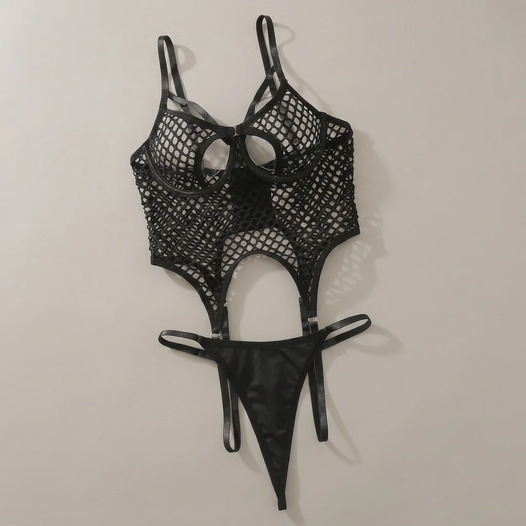 Ultra‑Thin See‑Through Fishnet Lingerie Hollow‑Out Mesh Design Slim Fit Body Shaping Bra and Panty Seductive Intimate Sleepwea