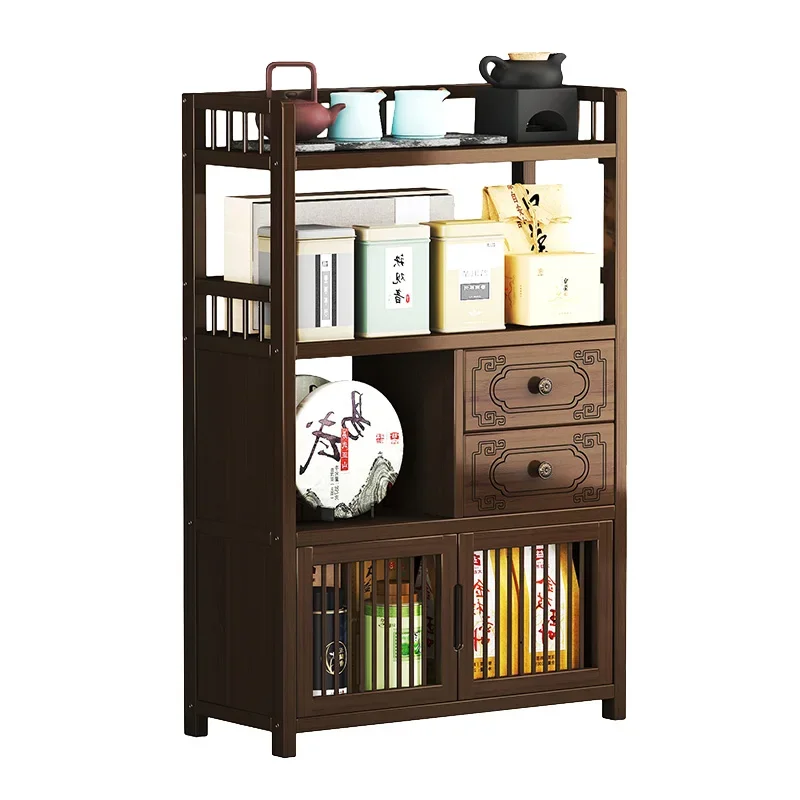 Hxl New Chinese Style Tea Cabinet Storage Rack Office Teaware Solid Wood Antique Shelf Storage Rack