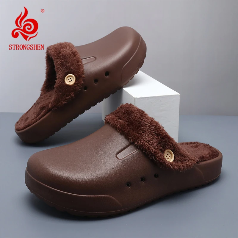 

STRONGSHEN Men Warm Slippers Plush Sandal Women Garden Clogs Mules Fur Fluffy Slippers Winter Indoor Home Slide Zapatillas Mujer