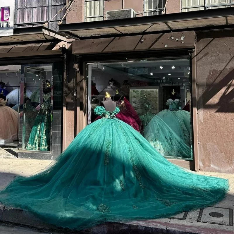 Quinceanera fora do ombro Renda vestido de baile, verde esmeralda, Ilusão Apliques Vestidos, Beading, Plissado Espartilho, 15 anos