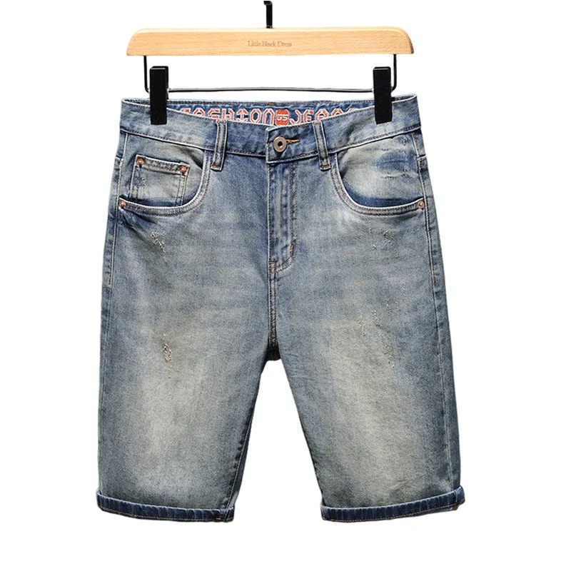 Summer Retro Denim Shorts Men's Loose Straight Stretch Fashion Trendy Casual Korean Street Distressed Cropped Pants