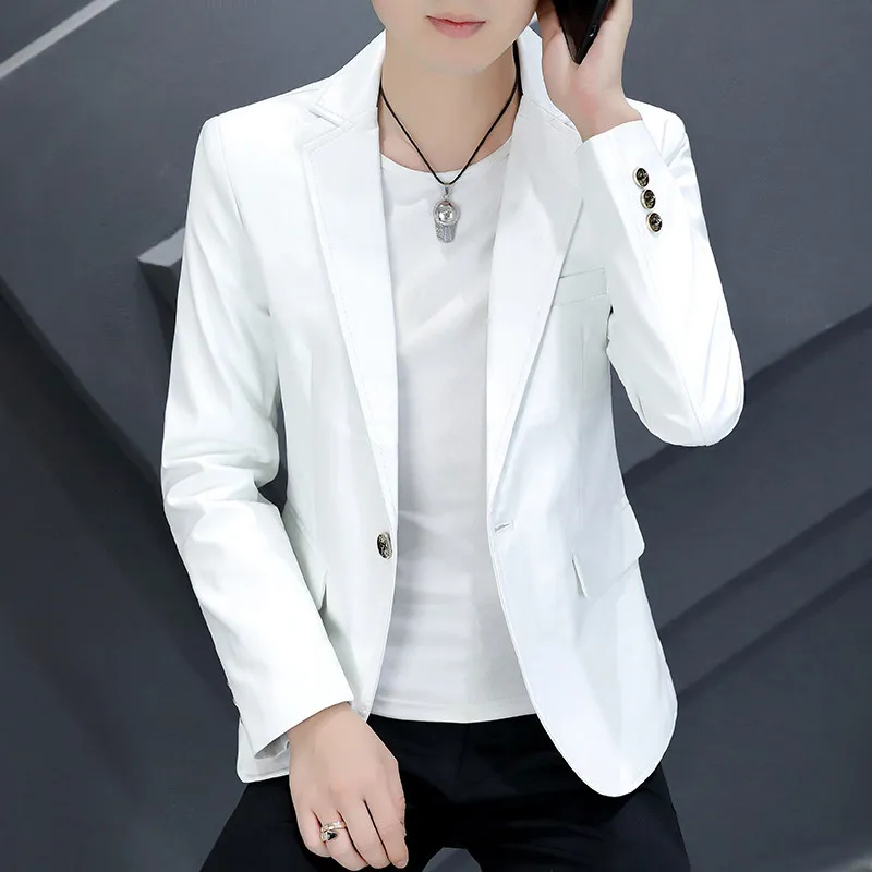 

White PU Leather Men's Suit Jaet Casual Slim Fit Faionable Autumn Outerwear Anti-Wrinkle Polyester Cotton Blend Long Sve