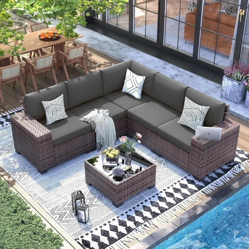 UDPATIO Patio Furniture Set, 8 Inch Armrest Outdoor Sectional Sofa with Wicker Coffee Table, 6 Piece Conversation for Garden