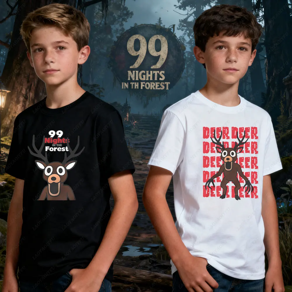 T-shirt de jeu de cerf inspiré de 99 nuits dans la forêt, parfait pour les amateurs de la nature, cadeaux d'anniversaire, T-shirt amusant et mignon pour enfants, cerf de dessin animé, 2025