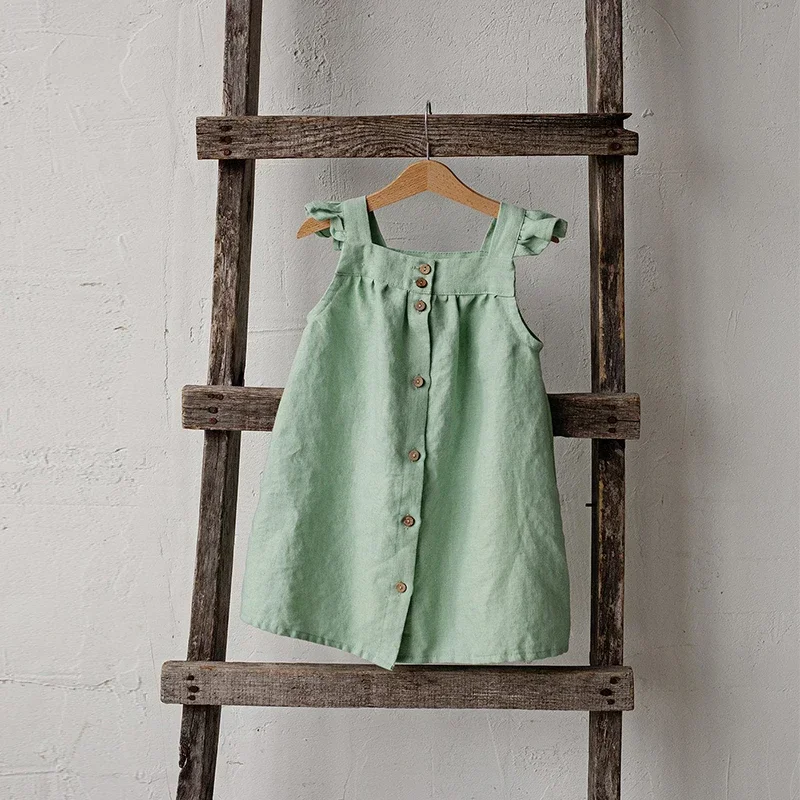 Children Girls\' Linen Dress 2026 Summer New Literary Petal Sleeves Loose Baby Girl Strap Princess Dresses TZ04