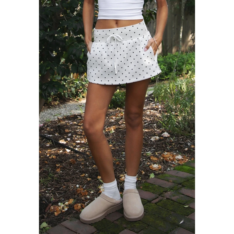 Women's Y2k Dots Print Short Skirts Casual A Line Drawstring Waistband Elastic Mid Rise Mini Tennis Skirt with Pocket
