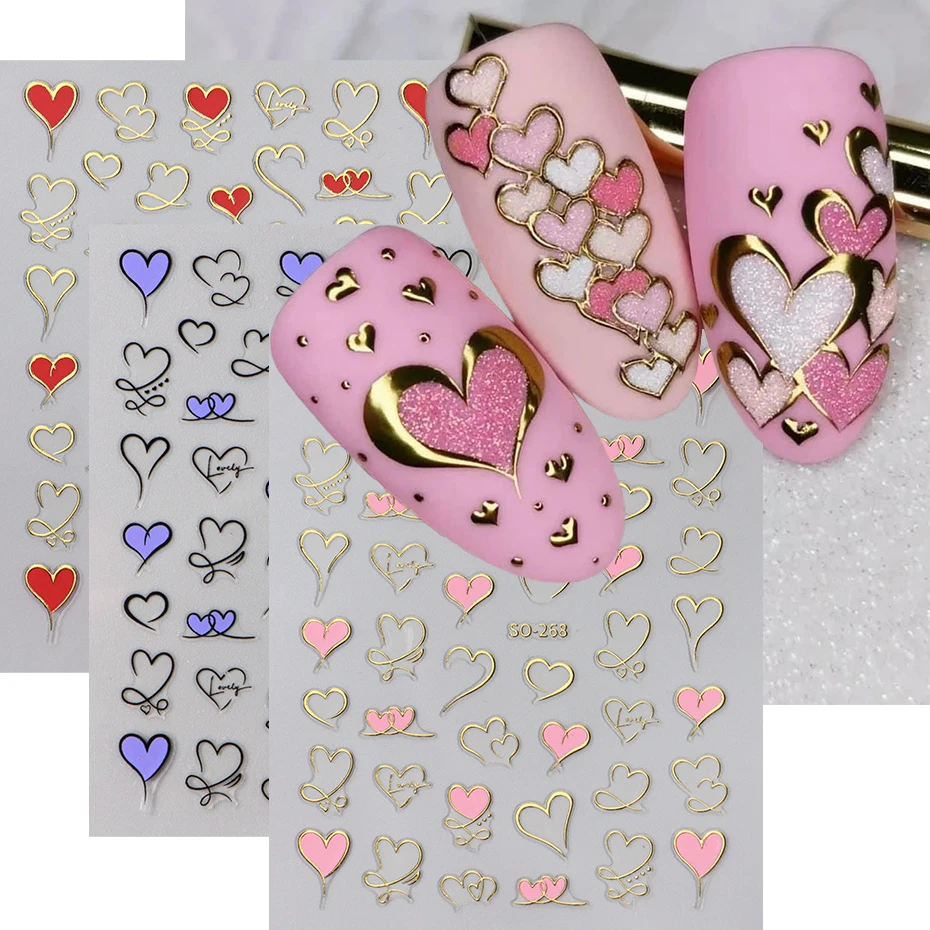 3Colos 3D Heart Nail Stickers - Y2K Self-Adhesive Golden and Pink Glitter Love Decals Single Use Fantasy Theme Embellishments fo