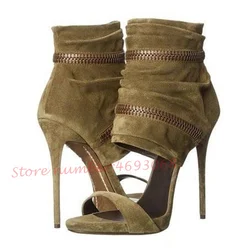 Zip Ankle Wrap High Heels Sandals Women Outfit Retro Brown Summer Elegant Flock Shoes Female Covered Heel Open Toe Suede Sandals