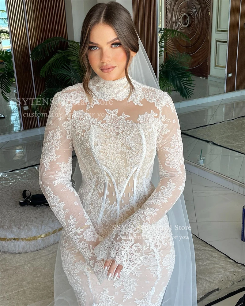 SSYTENS Spitze Brautkleider High Neck Lange Meerjungfrau Braut Kleid Saudi-Arabien Brautkleid Angepasst Luxuriöse vestidos de novia