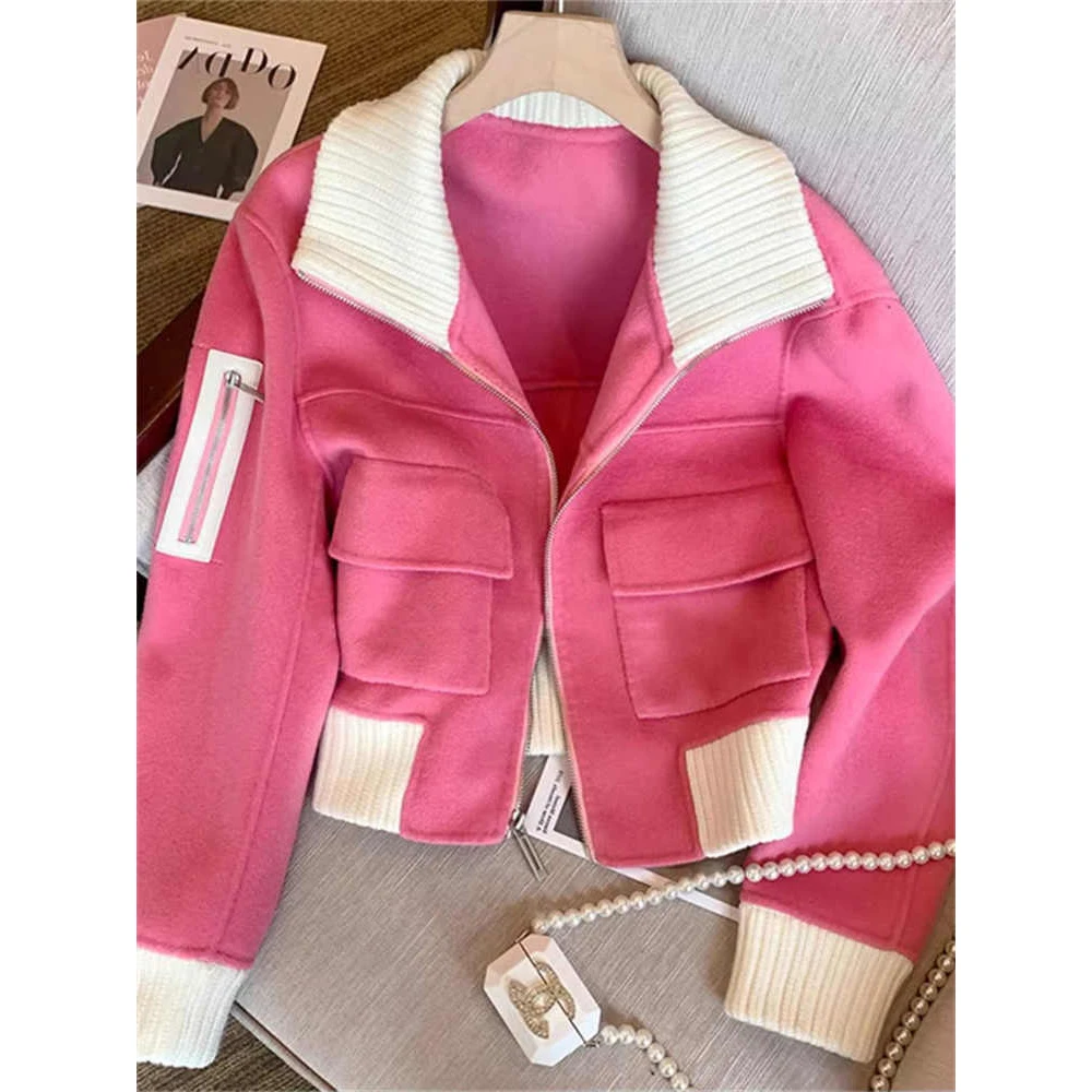 

Women Pink Cropped Woolen Overcoat Long Sleeve Outerwear Vintage Harajuku Korean Loose Baseball Jacket Coat 2000s Clothes Winter