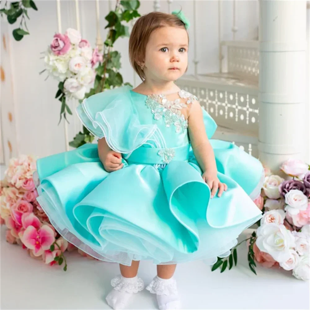 CustomizedYellow Bow Flower Girl Dress For Wedding Puffy Ruffles Purple Knee Length With First Communion Birthday Party Ball Go