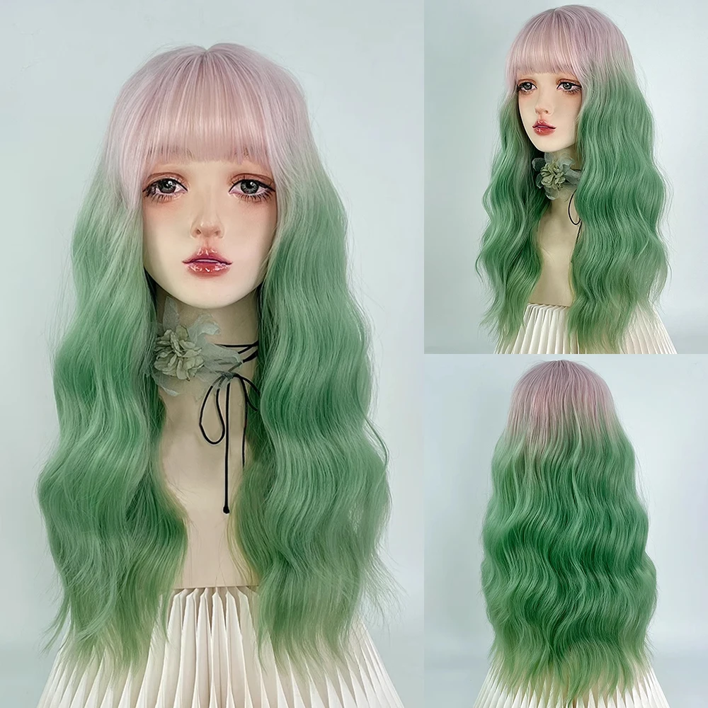 

Synthetic Women Long Wavy Ombre Pink Green Wig Fluffy Heat Resistant Lolita Cosplay Wig with Bangs for Daily Party