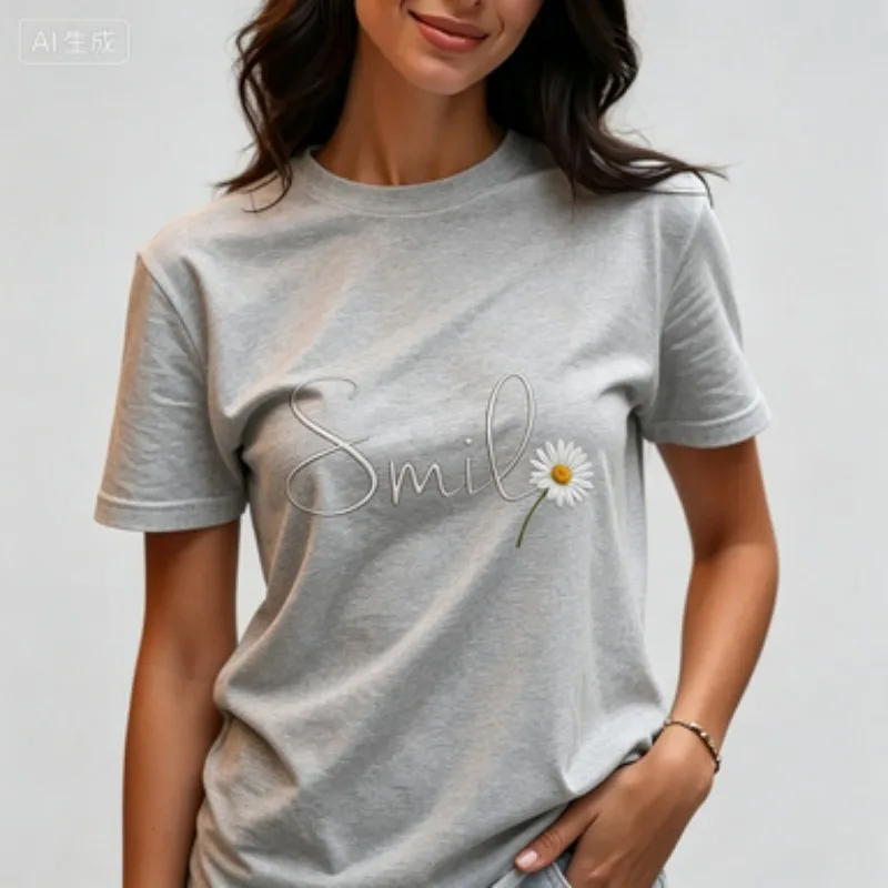 Slim Fit Crew Neck T‑Shirt Smile Daisy Flower Graphic Print Short Sleeve Cute Floral Slogan Design Casual Daily Wear Ladies Tees