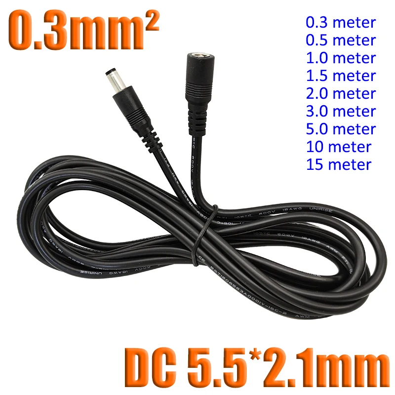 0.3mm² Male Female Power Connector DC 5.5*2.1mm Extension Cable Monitor Wire Data Line 0.3/0.5/1/1.5/2/3/5/10/15 meter