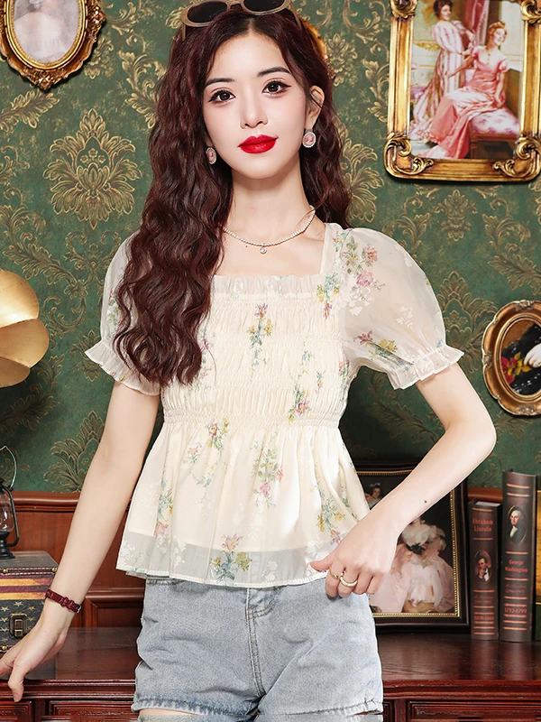 Chic Floral Print Short Sleeve Women's Chiffon Top Slimming Waist Design Summer New Fashion Style French Style Bubble Sleeve