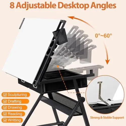 Drafting Table Drawing Desk w/Power Outlet, Art&Craft Work Station Height Adjustable Tilting Tabletop Craft Table Desk view 6