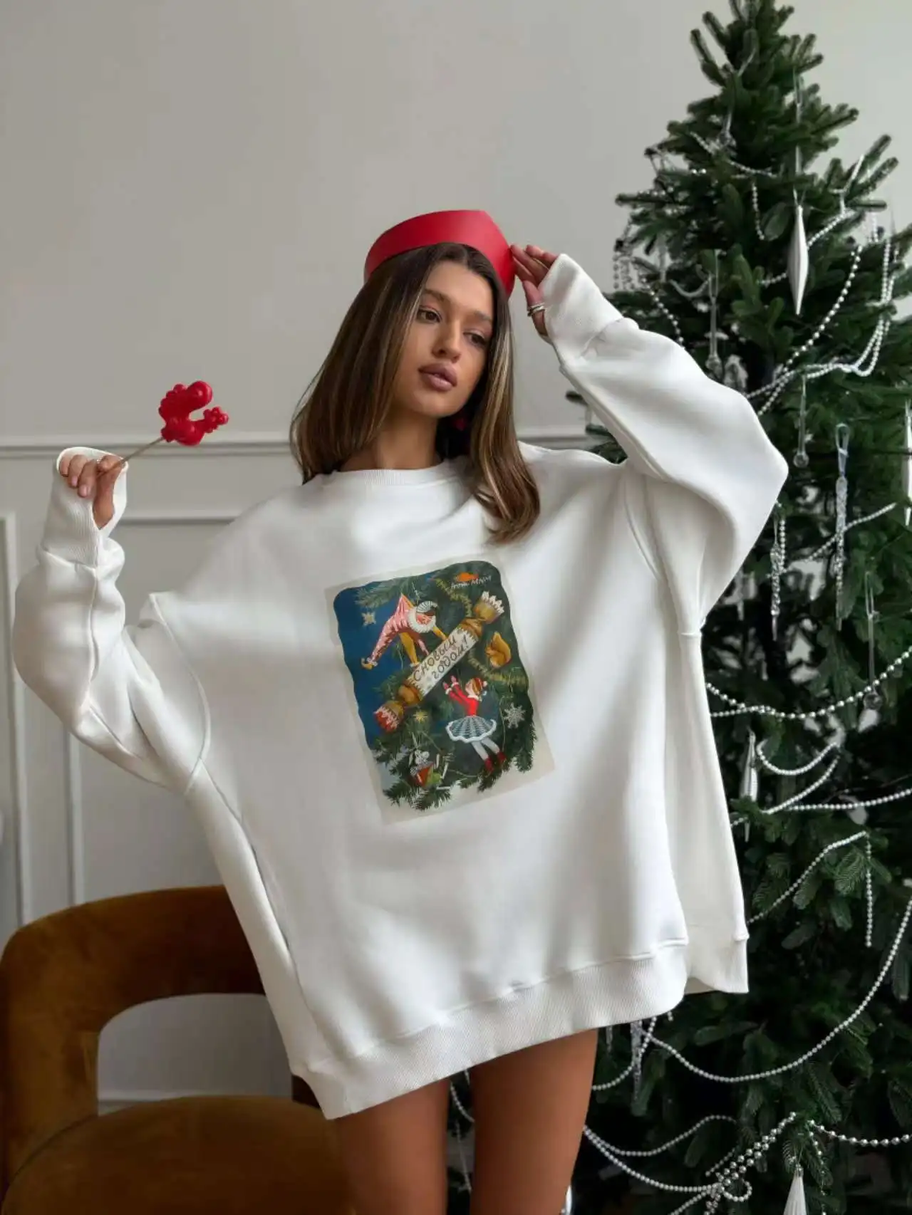 New Year Christmas Candy Print Printed Casual Sweatshirt Women Long Sleeve Round Neck Loose Hoodies Female Hip Hop Spring 2026