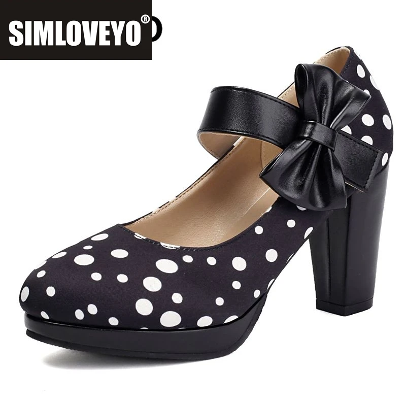 

SIMLOVEYO New Design Sweet Dating Women Pumps Round Toe Chunky Heels 8.5cm Platform 1.5cm Bowknot Mixed Color Plus Size 46 47 48