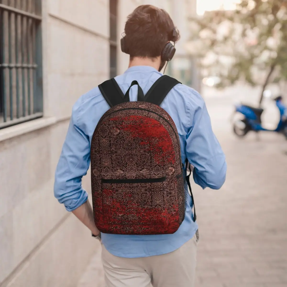 Red Vintage Oriental Traditional Moroccan Artwork Student Backpack School Bag Hiking Travel Daypack Bookbag Shoulder Bags