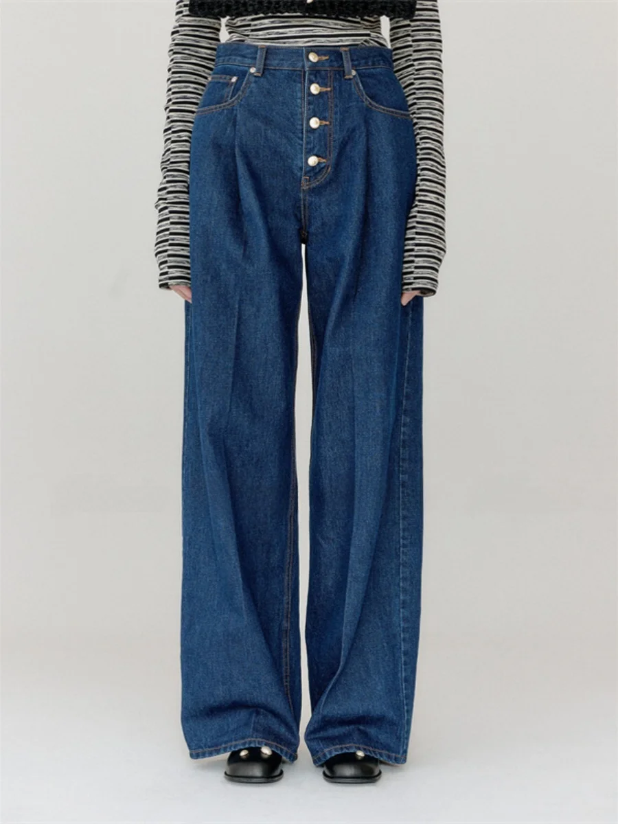 

EENK Vintage High Waist Wide Leg Straight Cut Jeans Autumn 2023 Waed Denim Pants Slimming Effect for Young Women