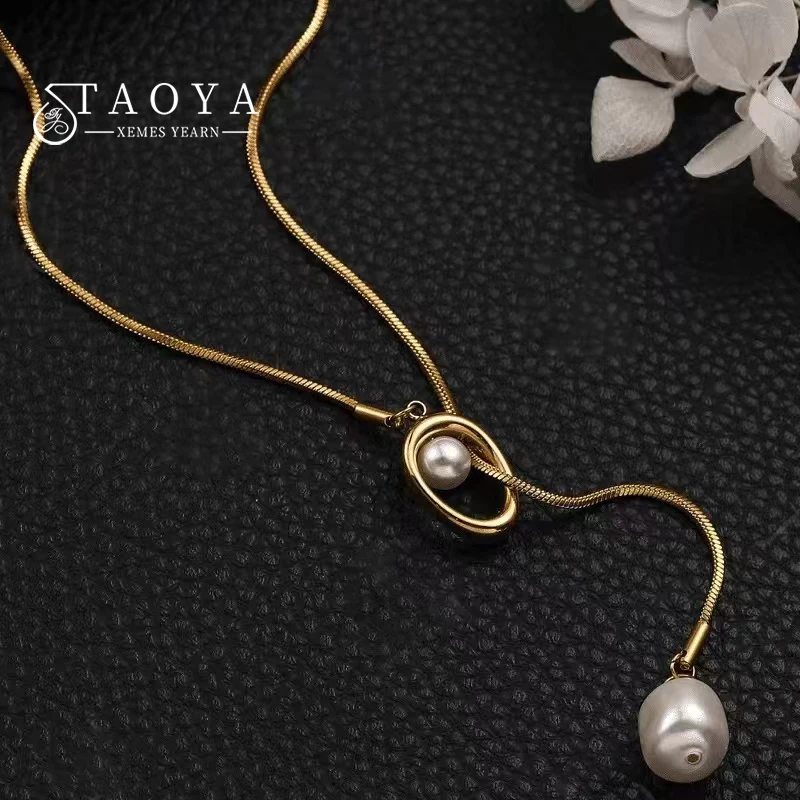 Stainless steel Pull-out Adjustable Chain Baroque Pearl Pendant Long Necklace For Womens Fashion Sweater Chain 2024 New Jewelry