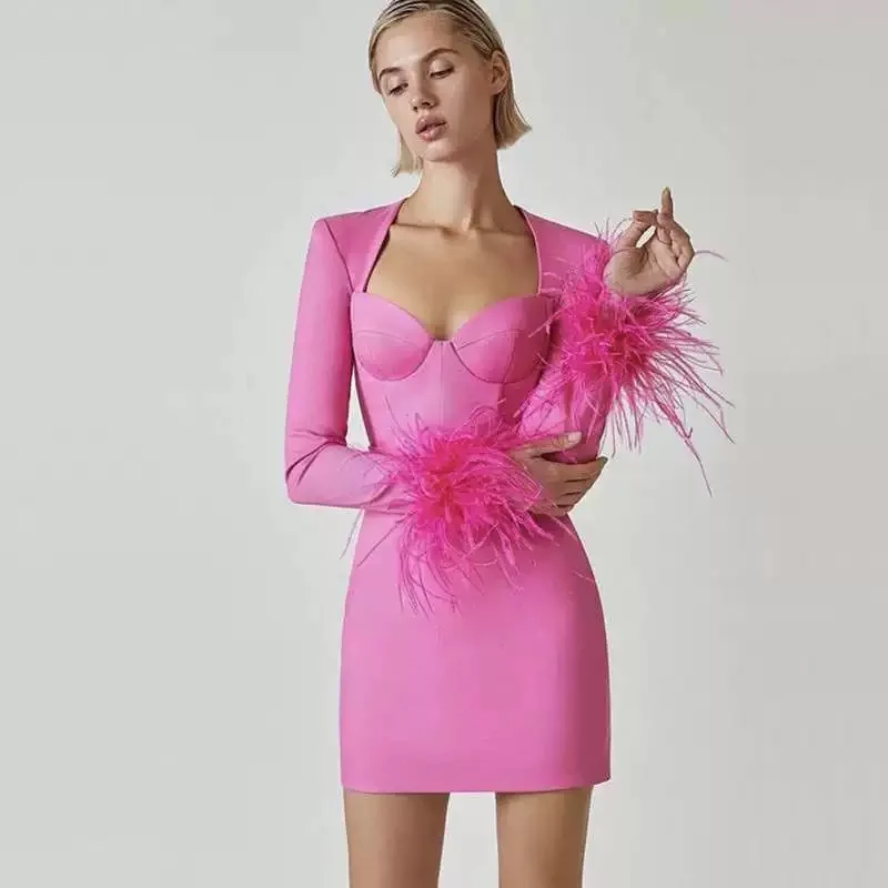 Pelz Manschette Herbst Winter Frauen Kleid Dinner-Party Datum Bankett Vestidos Dame Elegante Quadratische Kragen Low Ausschnitt Hüfte Dünne Heiße Kleid