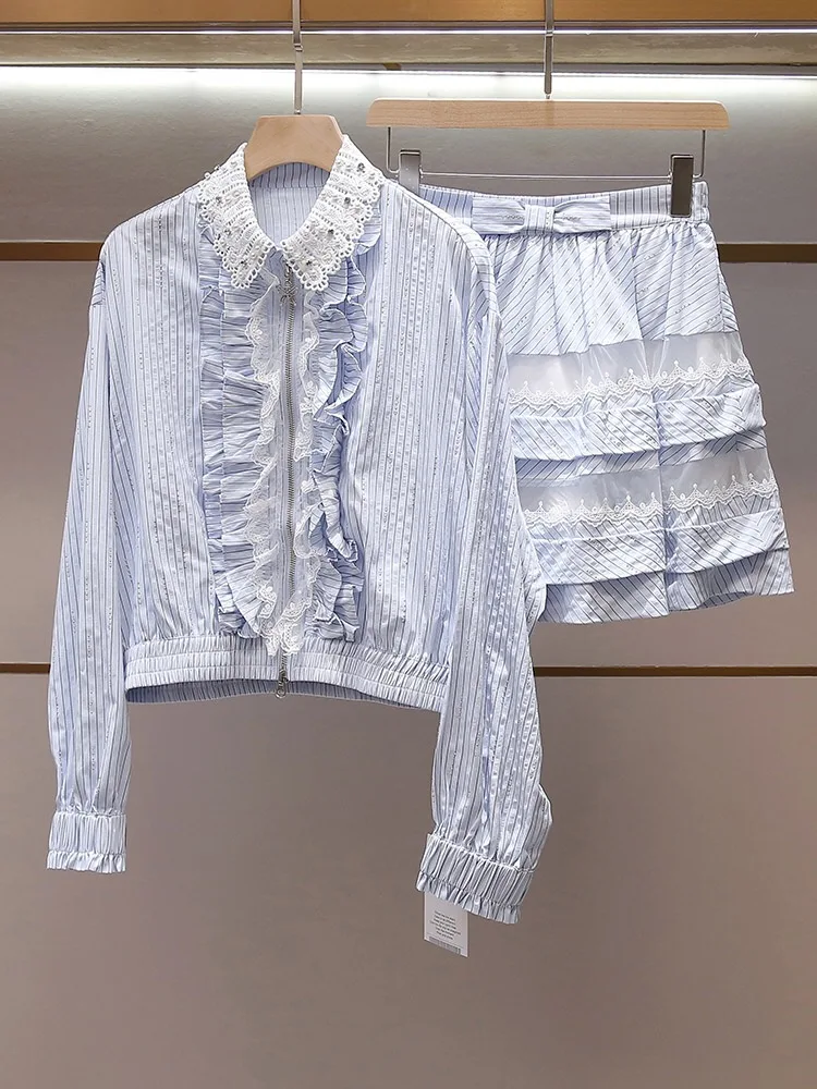 

Casual Style Cotton Polyester Blend Long Sleeve Shirt with Zipper Neck Design And Lace Skirt Set High Quality Breathable Yout...