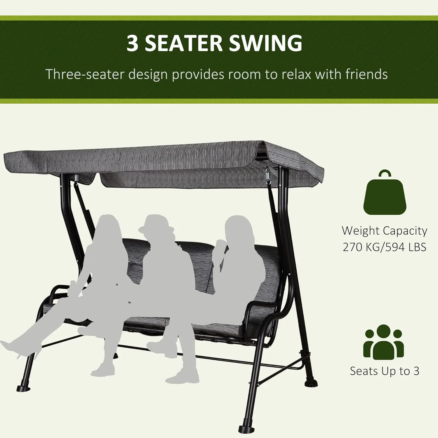 Chaise pivotante pour extérieur, 3 places, avec modification de toile réglable, coussin parfait et épais, cadre en acier, degré météo