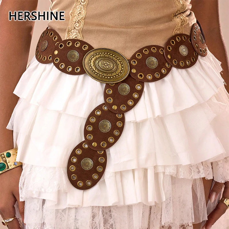 HERSHINE 1-piece women's vintage velvet patchwork belt with an oval flower buckle, a bohemian style accessory，spring，summer