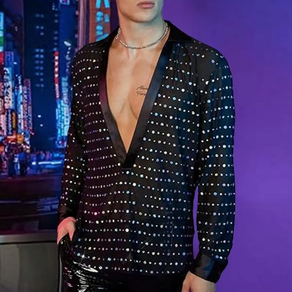 

Long Sleeve Top Sequin Decor Deep V Neck Men's Dance Party T-shirt with Long Sleeves Disco Club Top for Male Models Performance