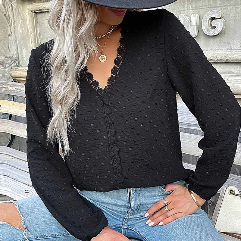 

Fashion V-neck Snowflake Polka Dot Lace Blouse Women Shirt Black Autumn Long Sleeve Loose Tops Lady Clothes Blusas 23285