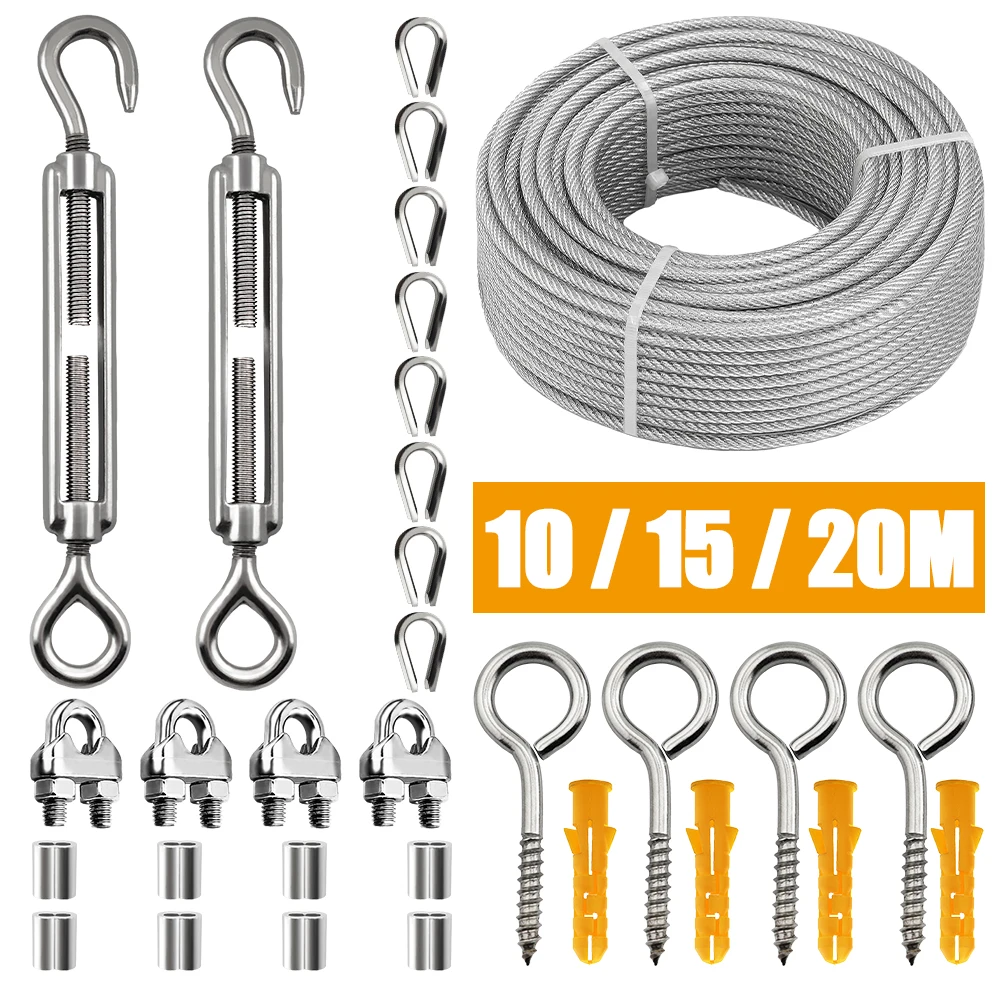 10/15/25/25M 31 pcs set  Stainless Steel Wire Rope Kit Clothesline Kit PVC Wrapped Guardrail Rope Kit Camping Fixing Kit 2mmKit