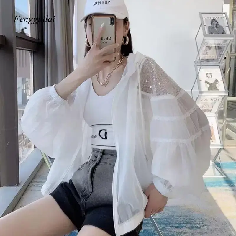 

2025 женская одежда, летняя одежда с длинными рукавами и капюшоном, ажурные блестки, модные молодежные солнцезащитные вентиляционные пальто