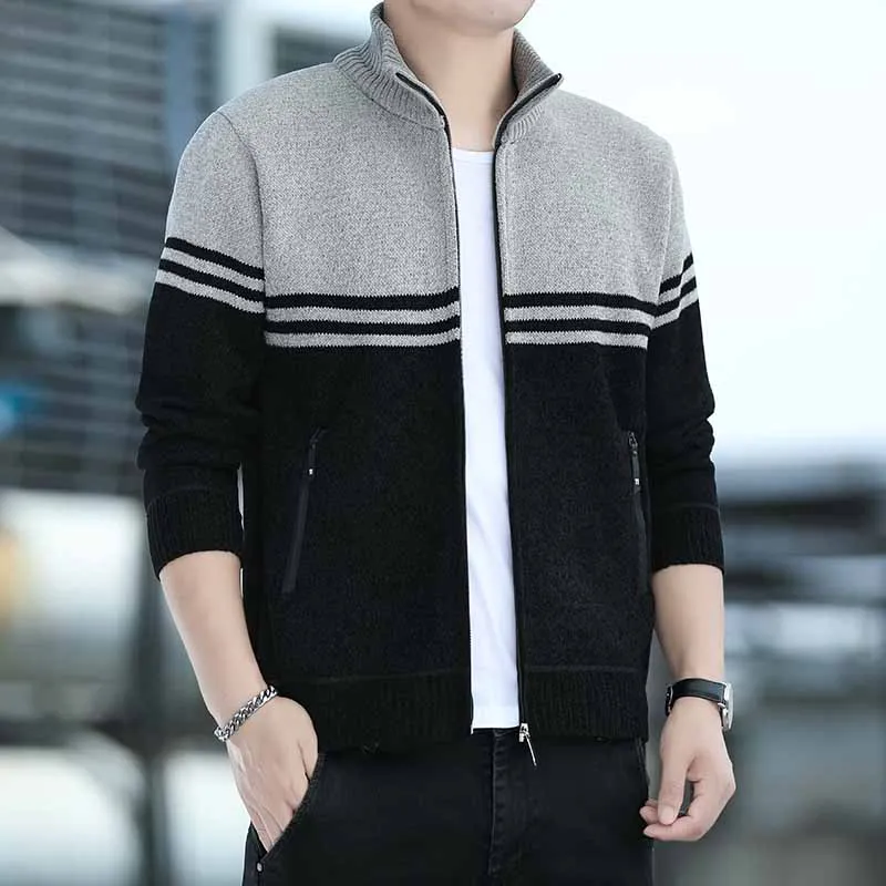 

Mens Sweaters Jacket Knitted Fleece Lined Cardigan Autumn Winter Hooded Cardigans Casual Sweaters Coat Striped Men's Clothing