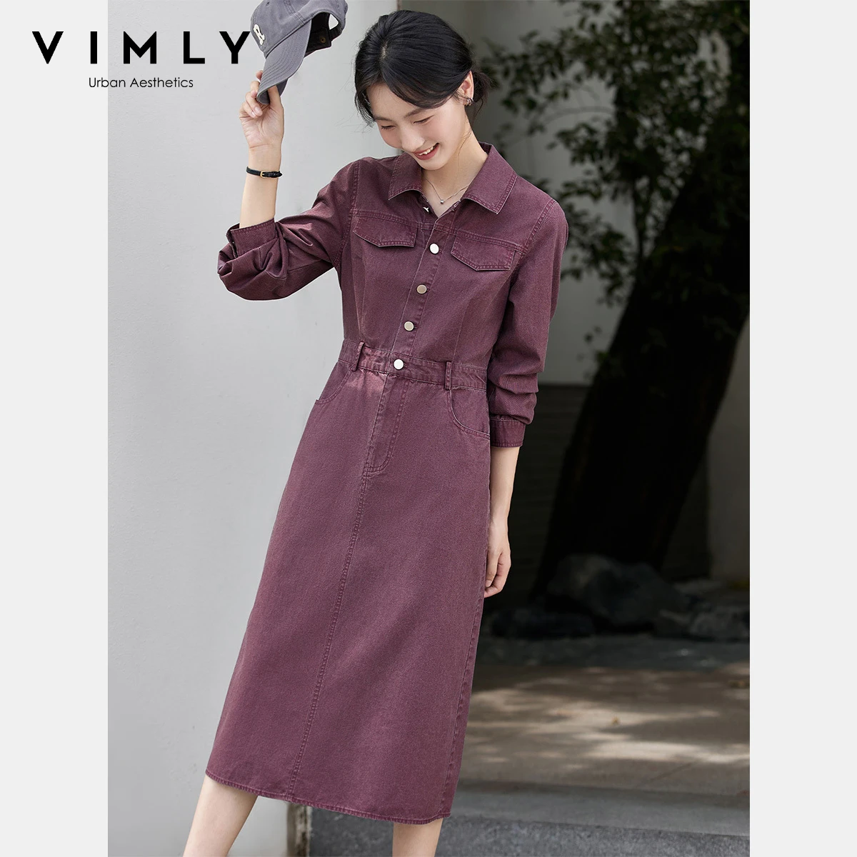 VIMLY Women's Purple Denim Dresses Casual Pure Cotton Turn-down Neck Ladies Maxi Dress Autumn 2025 Straight Button Dress A2891