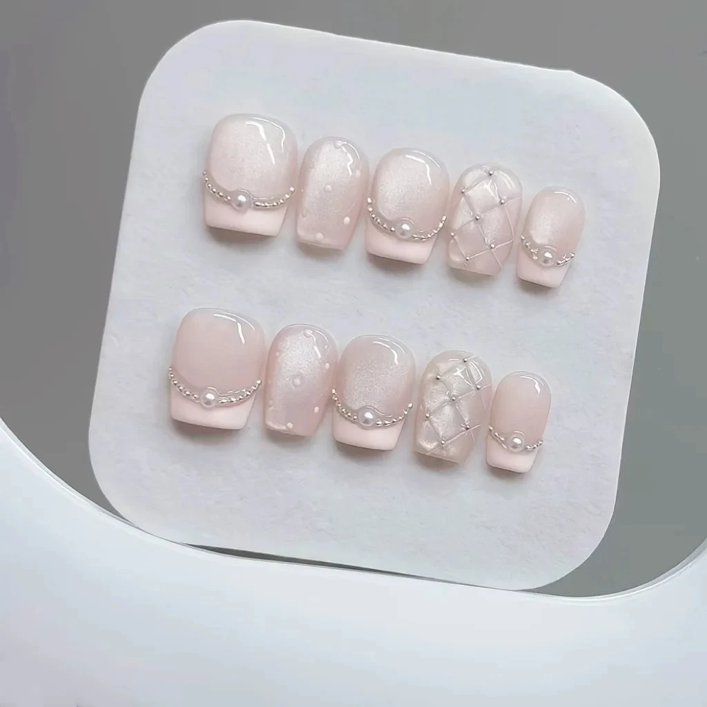 10pcs Handmade Press on Nails Cream French Cat's Eye Diamond Checkered False Nail for Women&Girls Detachable Wearable Nail Art