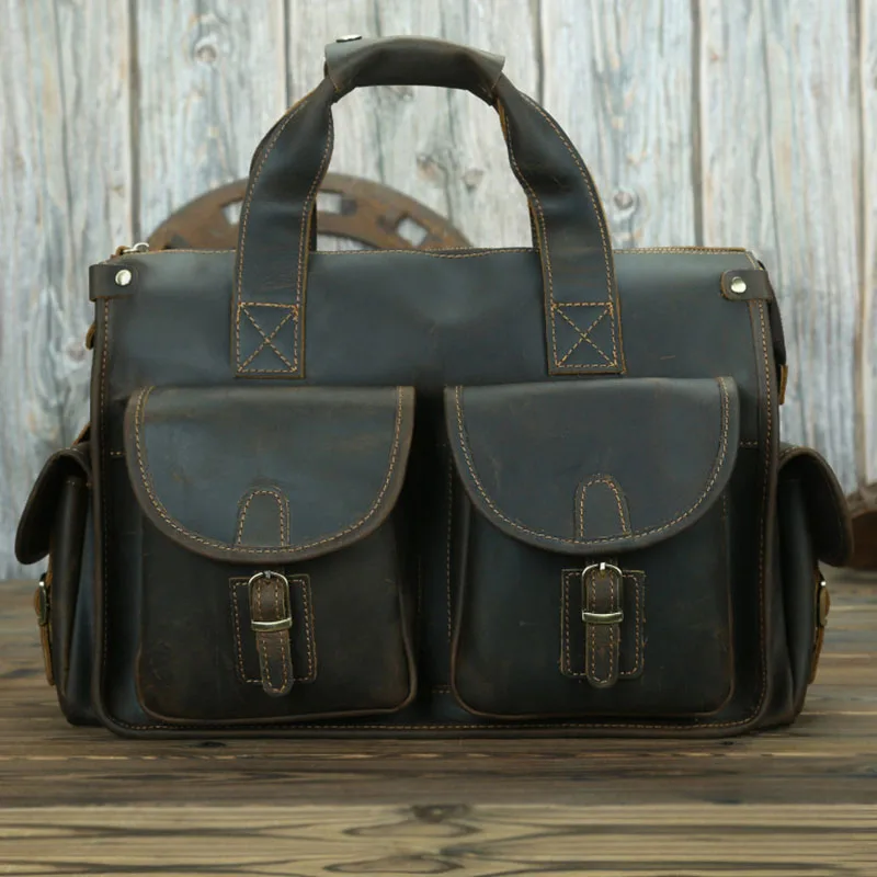 Vintage Mens teczka prawdziwa skóra bydlęca skóra 15 "PC Laptop torba skóra Crazy Horse biznesowa torba posłańca torba do pracy dla człowieka