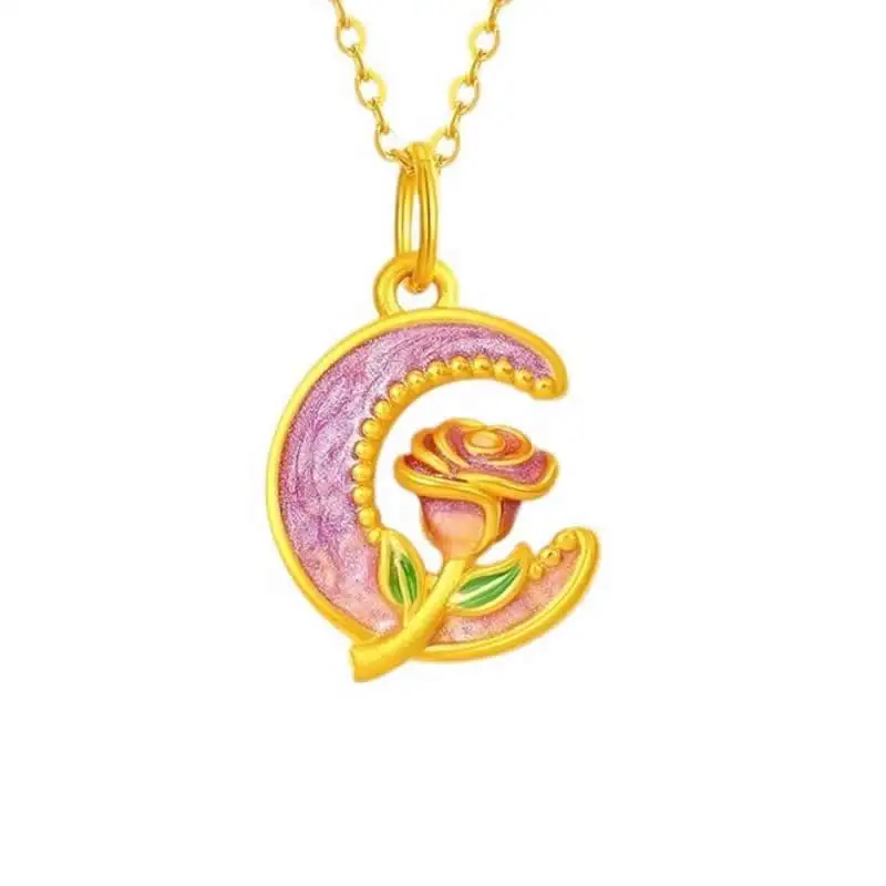 

Pure 24K Yellow Gold Pendant Women Moon Rose Flower Pendant