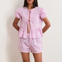 Women s Y2k 2 Piece Pajamas Set Puff Sleeve Peplum Tie Front Top and Shorts Plaid Lounge Set Sleepwear