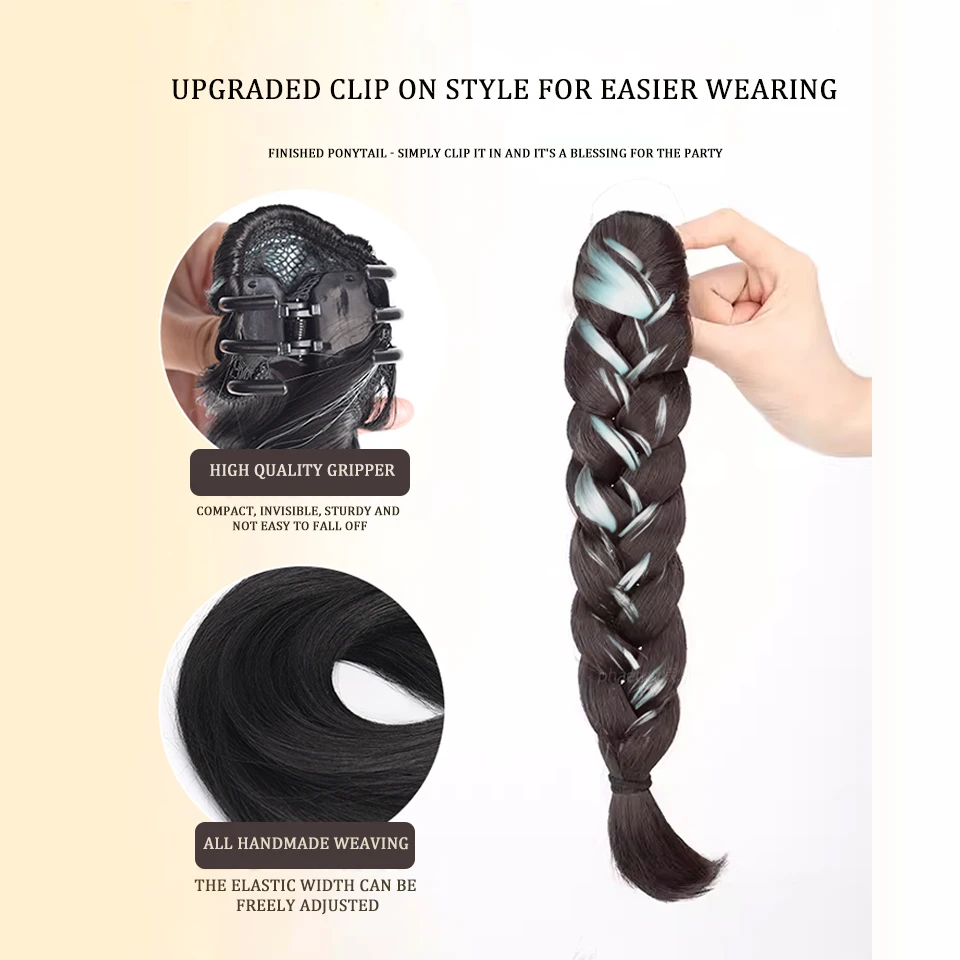 Synthetic Ponytail for Women Shining Mixed Hair Braided Hair Ponytail Grasping Clip-on Summer with High Ponytail Daily Party Use