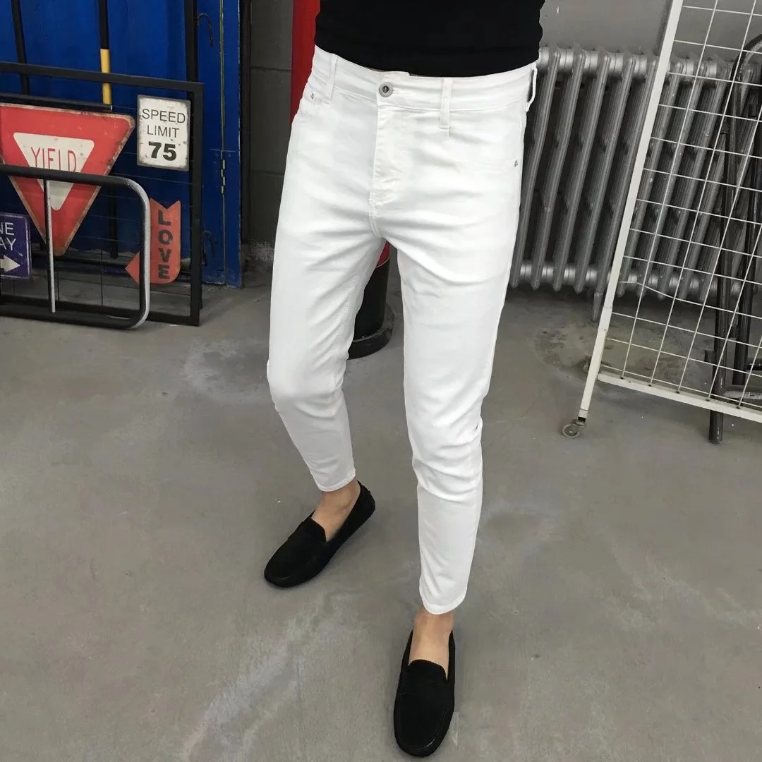 Men\'s White Black Casual Jeans Korean Fashion Soild Slim Straight Slim-fit Cropped Denim Pants Jeans For Men Clothing